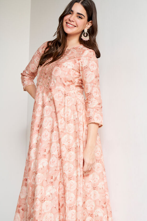 Peach Floral Flared Dress, Peach, image 2